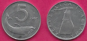 ITALY 5 LIRE 1987R DOLPHIN,(DELPHINUS DELPHIS)AND VALUE,RUDDER,THE VALUE TO THE - Picture 1 of 1