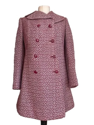 VINTAGE 60s 70s TWEED Trapezoid Wool Coat DOUBLE BREASTED Maroon Big Lapel UK 10 - Image 1 of 4