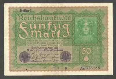 Germany Reichsbanknote 50 Mark 1919 "Reihe 1" SF - a P-66/1  Ro.062a VF+ - Image 1 of 3