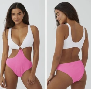 NWT Cotton On Body Cut Out Ring One Piece Brazilian Swim Suit XS Pink and White - Picture 1 of 14