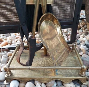 Solid Brass Fireplace 5 Piece Tool Set 4 Tools and Stand Classic Handles Vintage - Picture 1 of 18