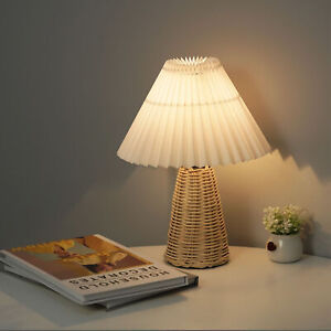 Soft Warm Light Bedside Night Lamp Vintage Style Rattan Base Pleated Table BG