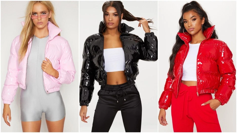 Women Shiny Wet Look Vinyl Thick Puffer Padded Quilted Cropped Short Jacket Coat - Image 1 of 4