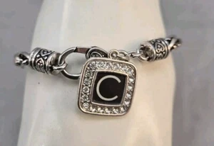 Thick Woven Chain Silvertone Metal Letter "C" Rhinestone Charm Lg Clasp Bracelet - Picture 1 of 8