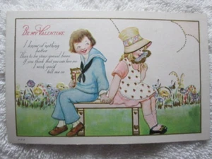 Antique Be My Valentine Postcard, Girl And Boy Sitting On a Bench - Picture 1 of 2