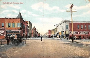Down Main St. White Furniture Store Street Scene  Parsons,KS Vtg 1907 Postcard - Picture 1 of 2