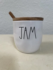 New RAE DUNN LL "JAM" Cellar Jar With Wood Lid & Spoon By Magenta - Picture 1 of 2