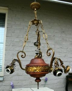 Antique French bronze wood chandelier porcelain flowers floral decor - Picture 1 of 7