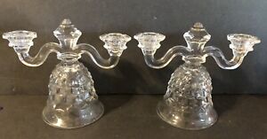 Pair of Fostoria Clear Glass American Bell Foot Double Arm Candlesticks
