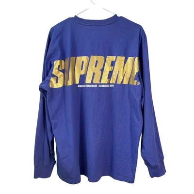 Supreme Shirt Mens Large Trademark Long Sleeve 2019 Purple Gold Back Text Cotton - Image 1 of 4