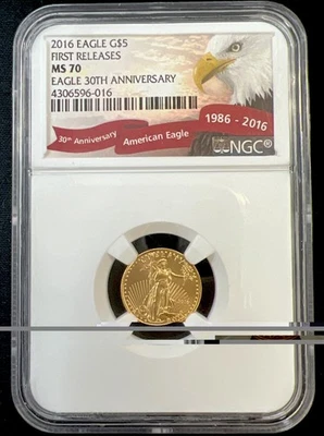 2016 American Gold Eagle $5 1/10oz Gold Coin 30th Anniversary NGC MS70 #86 - Image 1 of 4
