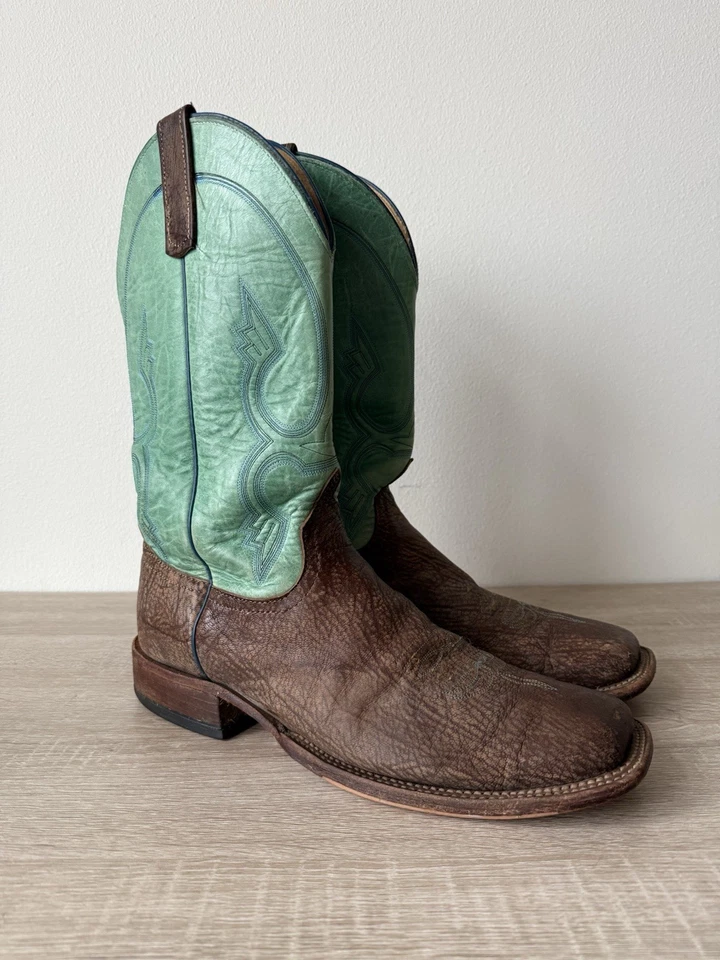 Botas de Vaquero Anderson Bean HECHAS EN EE. UU. Marrón Turquesa Puntera Cuadrada 13 D Roughout Foto 1 de 4