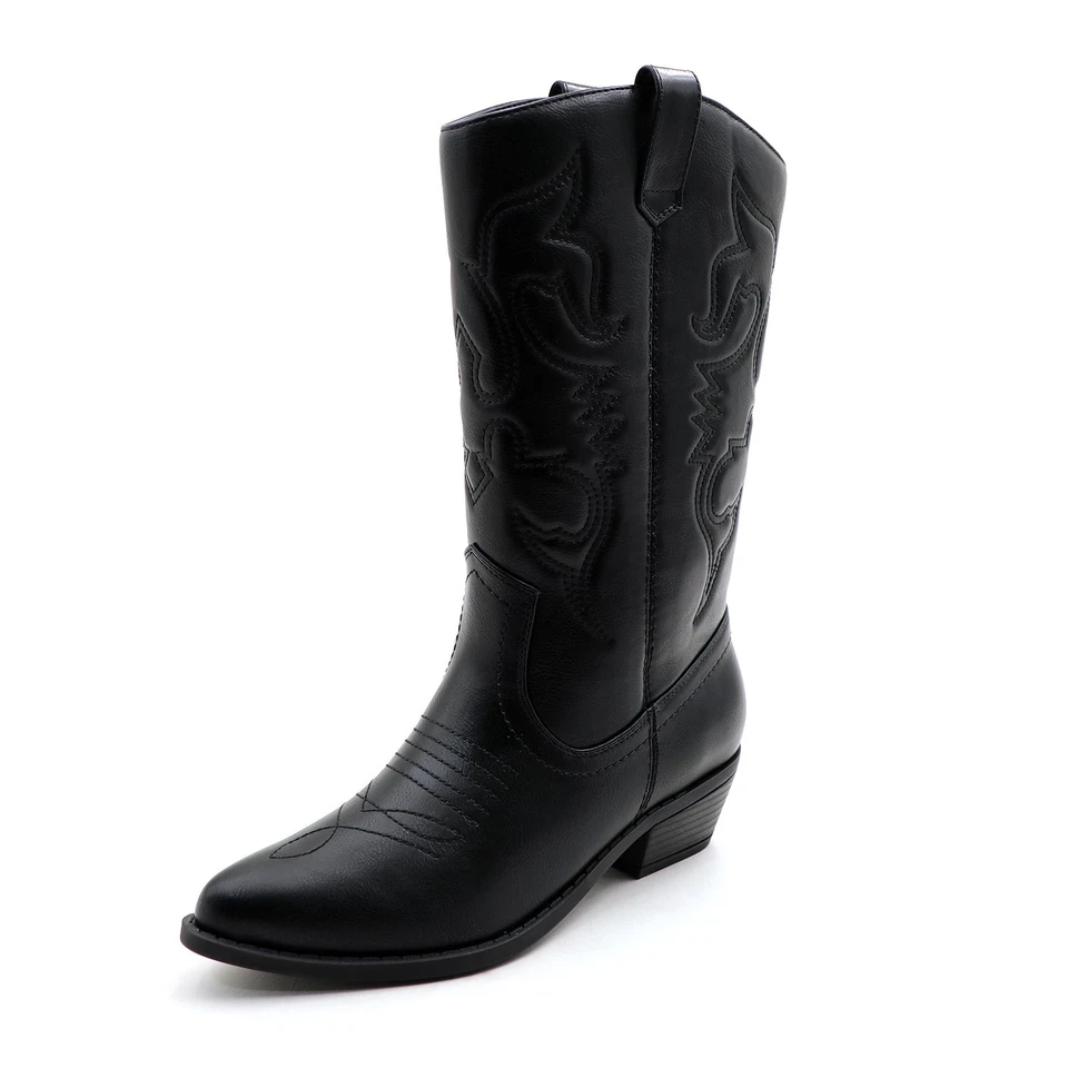 Women Western Cowgirl Boots Faux Leather Mid-Calf Length with Embroidered Design - Image 1 of 1