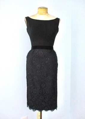 Vtg 50s 60s Nadine Black Tiered Lace Evening Wiggle Dress Sparkly Sequins XS/S - Image 1 of 4