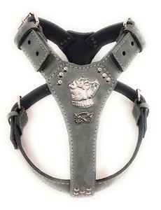 Grey Leather Dog Harness with Staffordshire Bullterrier Head Motif & Knot - Picture 1 of 1