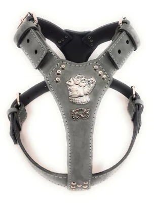 M&D LEATHER Grey Leather Dog Harness with Staffordshire Bullterrier Head Motif & Knot