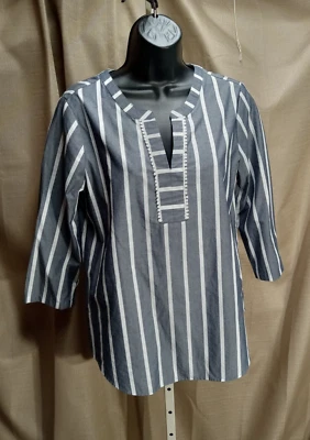 VAN HEUSEN UNIC TOP Mujer Talla Pequeña Gris + Blanco Rayas Cuello en V Pullover Foto 1 de 4