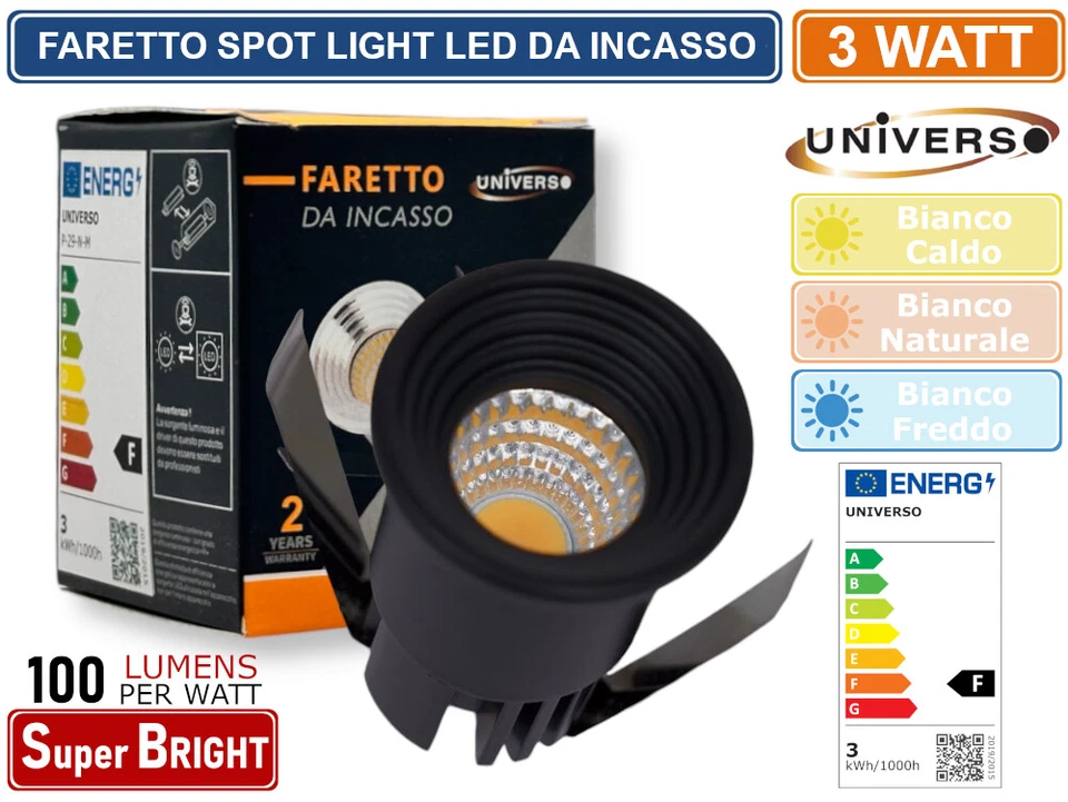 FARO FARETTO LED PUNTO LUCE SPOT LIGHT ROTONDO COLORE NERO DA INCASSO 3W - Immagine 1 di 3