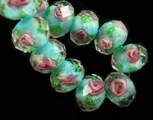 8mm Rondelle Faceted Glass Crystal Rose Flower Inside Lampwork Beads Spacer