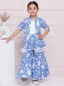 Kids Casual Wear Blue Cord Set For Girls Floral Printed Cotton Dress For Girls - Picture 1 of 9