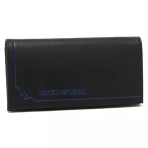 SALE Emporio Armani Long Wallet Flap Black x Blue Logo Men's Leather Authentic - Picture 1 of 8