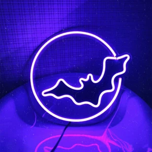LED Bat and Moon Neon Light Dimmable Halloween Beer Bar Pub Wall Hanging Sign - Picture 1 of 7
