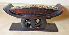 Vintage Kwanza Gye Nyame African Candle Holder Carved Wood, 7 Brass Settings