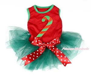 XMAS Candy Cane Hot Red Sleeveless Top Bow Teal Green Skirt Pet Dog Dress Outfit - Picture 1 of 2