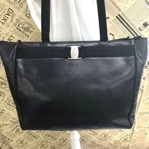Ferragamo Vara Ribbon Black Leather Tote Shoulder Bag FQ227 Authentic - Picture 1 of 20