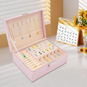Joyero de PU de dos pisos Caja de almacenamiento de joyas de 2 niveles con cerradura - Imagen 1 de 21