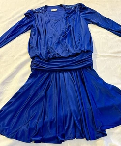 Vintage Abby Kent Royal Blue Cocktail Dress 80s Beaded Shoulder Ruched USA 11/12 - Picture 1 of 12
