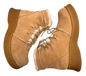 Vtg Y2K Report Tan Suede Fur Rubber Chunky Heel Ankle Boots Womens Sz 7.5 90s - Picture 1 of 19
