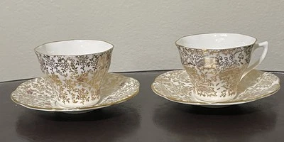 Набор из 4 чайных чашек и блюдец Regency из английского костяного фарфора с золотыми листьями и золотой отделкой - Изображение 1 из 4