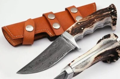 CUSTOM HANDMADE DAMASCUS HUNTING AND SKINNING KNIFE WITH DEER STAG ANTLER HANDLE - Image 1 of 4