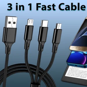 3in1 Fast Charging Cable USB-C, 1.2M Universal Nylon Braided USB Charger Cord - Picture 1 of 28