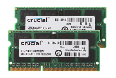Crucial 8GB 2X 4GB 2RX8 PC3-10600 DDR3-1333MHz SODIMM RAM Laptop Memory 8 GB Kit - Image 1 of 4