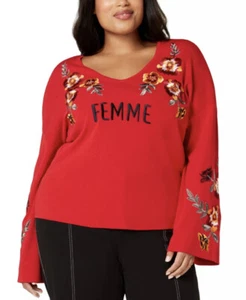 INC International Concepts Women’s Plus 2X Femme Embroidered Bell Sleeve Sweater - Picture 1 of 12