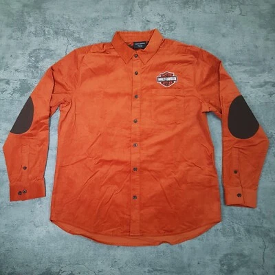 HARLEY-DAVIDSON Corduroy Long Sleeve Woven Shirt Mens XL Orange Elbow Patch - Image 1 of 4