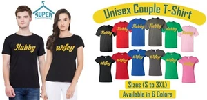 Couple Matching HUBBY WIFEY Tshirt GOLD HANDMADE Wedding Create Couple Tee Shirt - Picture 1 of 5