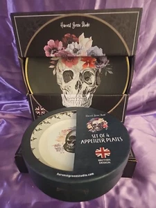 Harvest Green Studio Set 4 DIINNER & APPETIZER PLATES WITH SKULL FLORAL..NIB - Picture 1 of 17