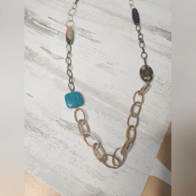 14k Gold plated brass turquoise, petrified wood & bone necklace AV Max - Image 1 of 4