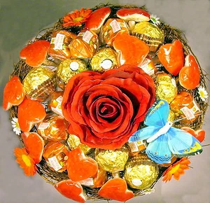 Premium Rocher-Küsschen-Strauß Herzen Praline Schokolade Geburtstag Handarbeit - Bild 1 von 2