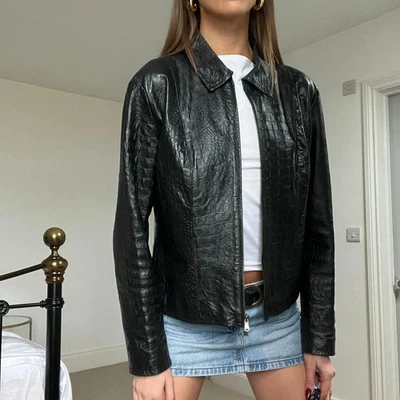 Women’s Black Crocodile Print Leather Jacket, Retro Style Outerwear - Image 1 of 3