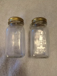 2 Mini Hazel Atlas Mason Embossed Fruit Jar Coin Banks w/ Arc Coin Slot Lids - Picture 1 of 7