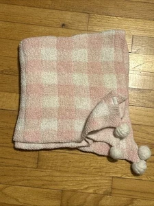 Mud Pie Pink Gingham Check Chenille Baby Blanket White Pom Pom Balls - Picture 1 of 8