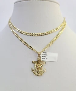 10k Gold Cuban Curb Chain Eagle Anchor Charm Solid 4mm 18"-28" SET Necklace - Picture 1 of 9