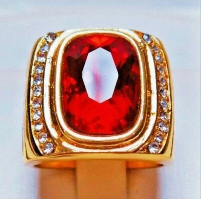 Anillo masculino; Piedra de circón rojo oblongo de 2 quilates relleno de oro amarillo de 14 quilates 3 mm x 4 mm talla 12 Foto 1 de 4