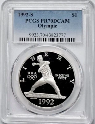 1992 OLYMPIC BASEBALL Silver Dollar PCGS PR70💥FLAWLESS QUALITY💥 - Image 1 of 4