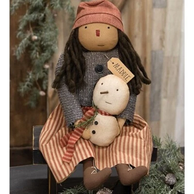 全新 原始娃娃 MADDIE 带 SNOWBUDDY SNOWMAN Farmhouse Country 23"Hx8Wx4"D — 第 1/2 张图片