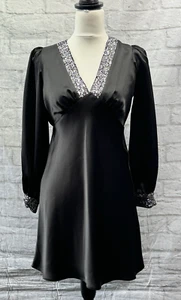 New Look A-Line Dress Black Satin Size 10 V-Neck Long Sleeve Diamante Cuffs BNWT - Picture 1 of 14